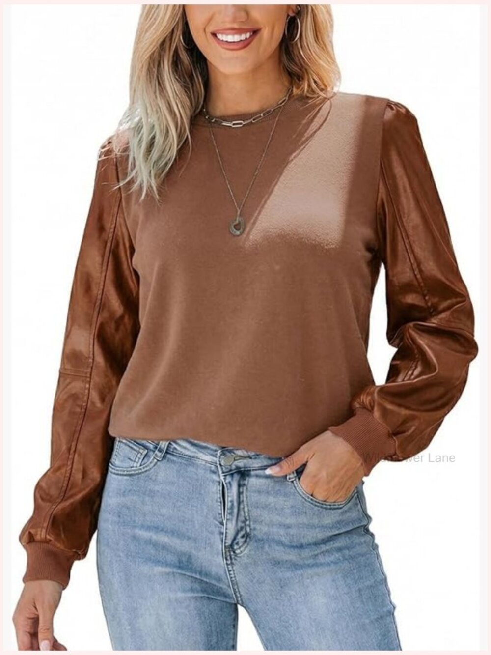 Faux Leather Long Sleeve Mock Neck Blouse Fall Fashion 2025